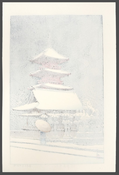 Snow at Ueno Toshogu Shrine by Hasui, Woodblock Print