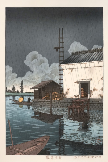 Rain at Ushibori by Hasui, Woodblock Print
