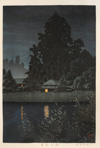 Rain at Omiya by Hasui, Woodblock Print