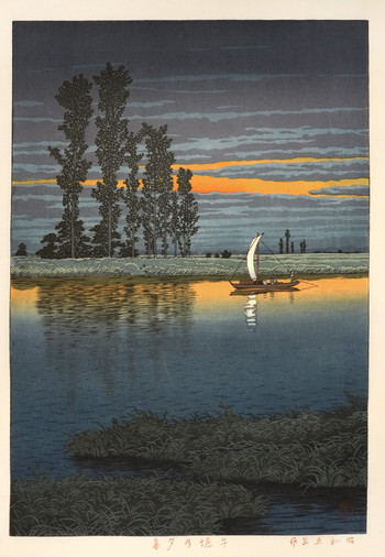 Twilight at Ushibori by Hasui, Woodblock Print
