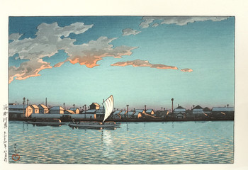 Hamacho Riverbank by Hasui, Woodblock Print