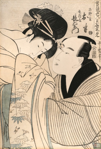 The Lovers Shinanoya Ohan and Obiya Choemon by Utamaro, Woodblock Print