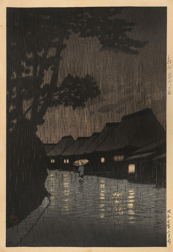 Rain at Maekawa, Soshu by Hasui, Woodblock Print