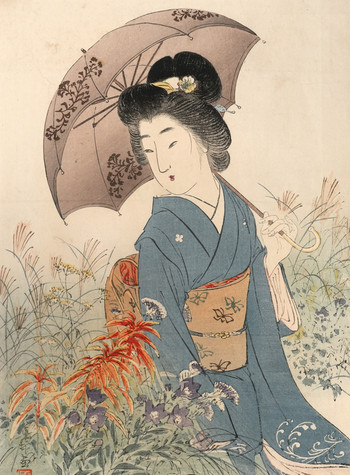 Bijin in Autumn Garden by Suzuki, Kason, Woodblock Print