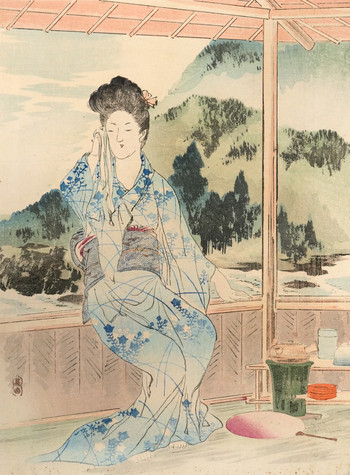 Beauty at a Resort by Mishima, Shoso, Woodblock Print