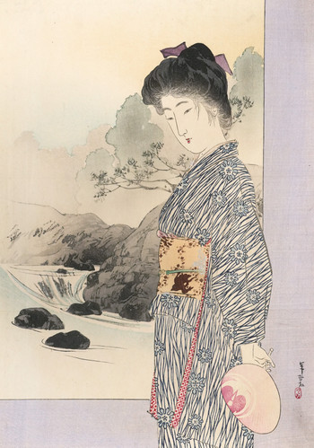 Stream and Beauty by Toshimine, Woodblock Print