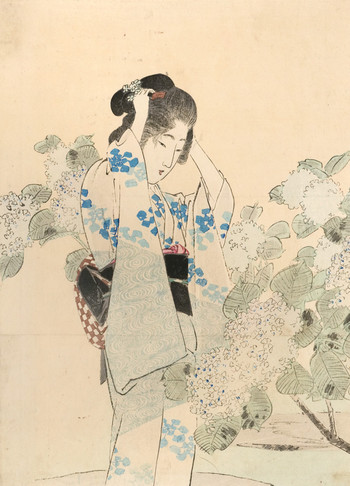 Hydrangea and Beauty by Toshimine, Woodblock Print