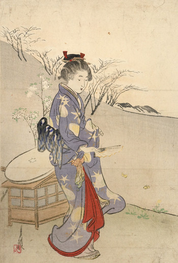 Girl with Folding Fan and Butterflies by Gekko, Woodblock Print