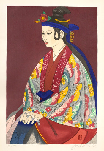 Waiting to Go On Stage (Ryukyu Buyo Dancer Sato Takako) by Sekino, Jun'ichiro, Woodblock Print