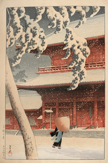 Zojo Temple in Snow, Shiba by Hasui, Woodblock Print