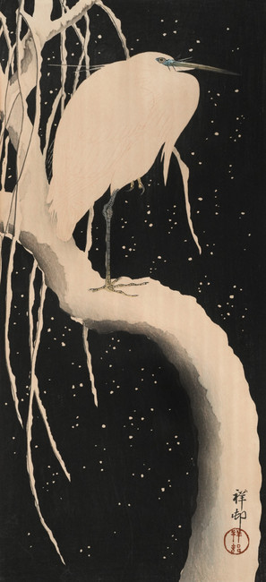 Egret on Snowcovered Branch by Shoson, Woodblock Print