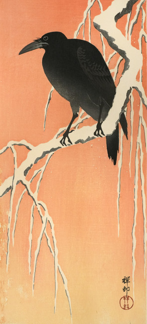 Carrion Crow on Snowcovered Willow at Dawn by Shoson, Woodblock Print