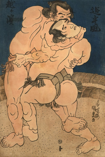 Sumo Wrestlers Koshigahama and Akitsukaze by Kunisada, Woodblock Print