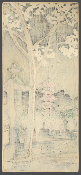 Cherry Blossoms at Ueno Toshogu Shrine by Shotei (aka Hiroaki), Woodblock Print