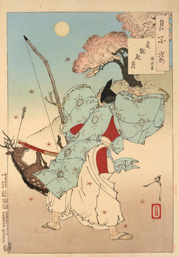 Joganden Moon: Minamoto no Tsunemoto by Yoshitoshi, Woodblock Print