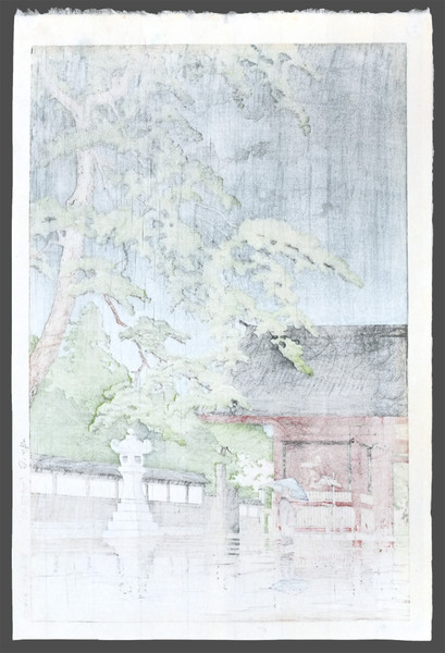Spring Rain at Gokokuji Temple by Hasui, Woodblock Print