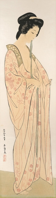 Woman with Sash in Nagajuban by Goyo, Woodblock Print