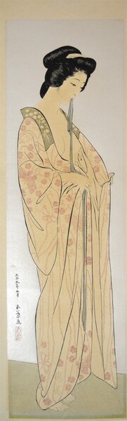Woman with Sash in Nagajuban by Goyo, Woodblock Print