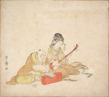 Benten Playing Shamisen by Utamaro, Woodblock Print