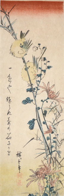 Small Birds and Chrysanthemums by Hiroshige, Woodblock Print