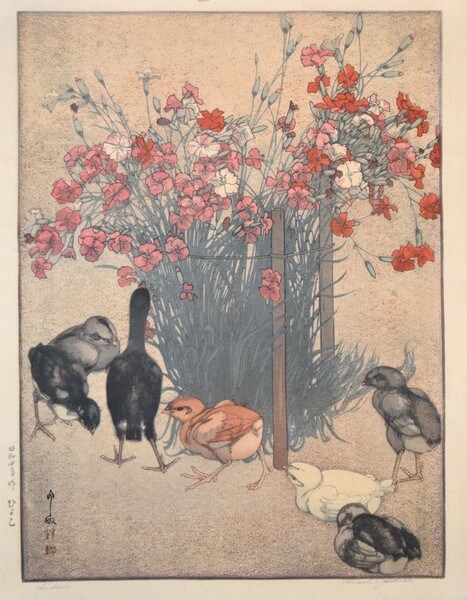 Chickens by Yoshida, Hiroshi, Woodblock Print