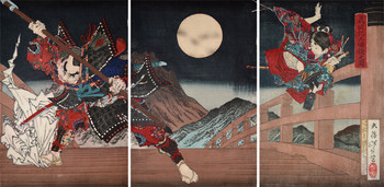 Life of Yoshitsune: The Fight on Gojo Bridge with Benkei by Yoshitoshi, Woodblock Print