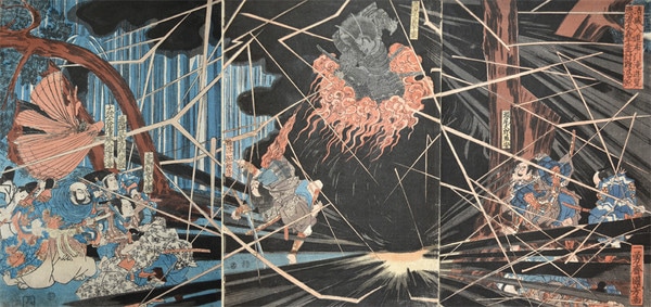 At Kiyomori's Visit to Nunobiki Waterfall, Ghost of Akugenta Yoshihira Strikes Down Nanba Jiro by Kuniyoshi, Woodblock Print