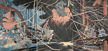 At Kiyomori's Visit to Nunobiki Waterfall, Ghost of Akugenta Yoshihira Strikes Down Nanba Jiro by Kuniyoshi, Woodblock Print