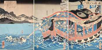 Koman Swimming across Lake Biwa with Minamoto Banner Attacked by Sanemori (Taira Clan) by Kuniyoshi, Woodblock Print