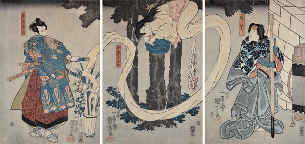 Ichikawa Danjuro VIII as Asayama Tetsuzan (L), Ichikawa Kodanji VI as Ghost of Okiku (C) and Bando Shuka as Hatsushiba (R) by Kuniyoshi, Woodblock Print
