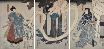 Ichikawa Danjuro VIII as Asayama Tetsuzan (L), Ichikawa Kodanji VI as Ghost of Okiku (C) and Bando Shuka as Hatsushiba (R) by Kuniyoshi, Woodblock Print