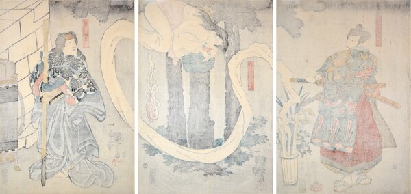 Ichikawa Danjuro VIII as Asayama Tetsuzan (L), Ichikawa Kodanji VI as Ghost of Okiku (C) and Bando Shuka as Hatsushiba (R) by Kuniyoshi, Woodblock Print