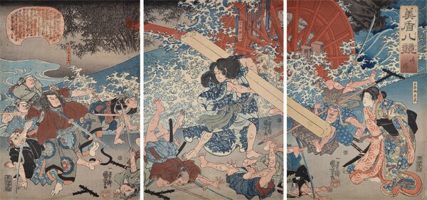 Miyamoto Musashi Knocking Down Shirakura Dengoemon and His Men with Broken Beam by Kuniyoshi, Woodblock Print