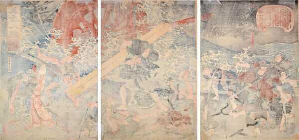 Miyamoto Musashi Knocking Down Shirakura Dengoemon and His Men with Broken Beam by Kuniyoshi, Woodblock Print