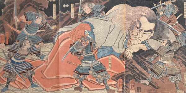 Minamoto no Yorimitsu (Raiko) Attacking Shutendoji by Kuniyoshi, Woodblock Print