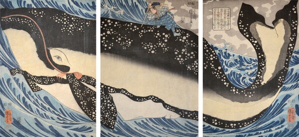Miyamoto Musashi and the Whale Off the Coast of Hizen by Kuniyoshi, Woodblock Print