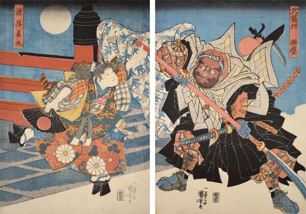Musashibo Benkei and Minamoto no Ushiwakamaru on Gojo Bridge by Kuniyoshi, Woodblock Print