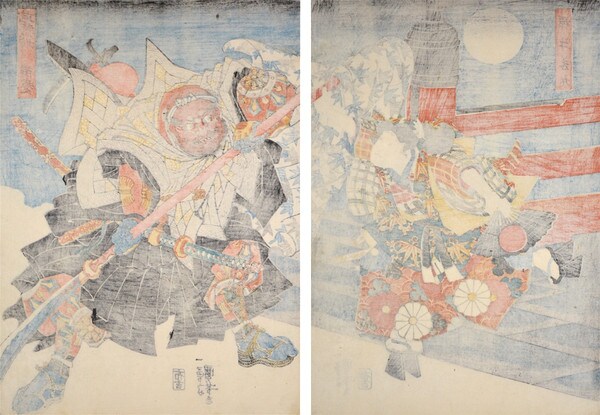 Musashibo Benkei and Minamoto no Ushiwakamaru on Gojo Bridge by Kuniyoshi, Woodblock Print