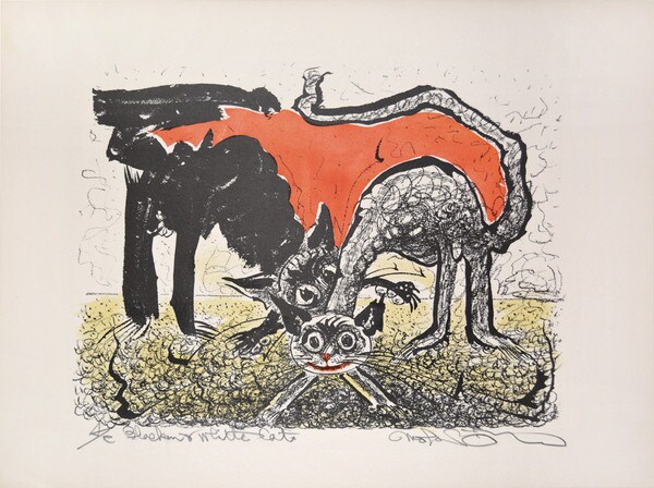 Black & White Cat (Red) by Oi, Motoi, Etching