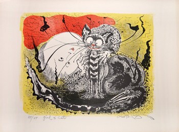 Girl & Cat (Red and Yellow) by Oi, Motoi, Etching