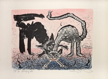 Playing Cats (Pink and Blue) by Oi, Motoi, Etching