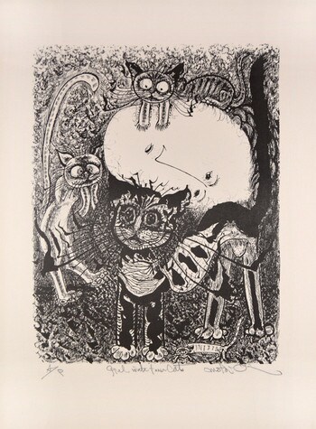 Girl with Four Cats by Oi, Motoi, Etching