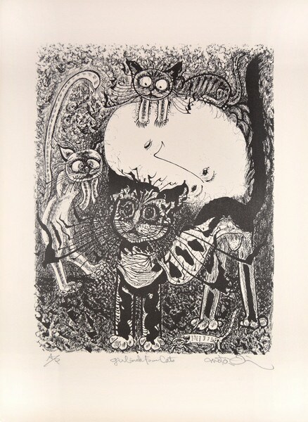 Girl with Four Cats by Oi, Motoi, Woodblock Print