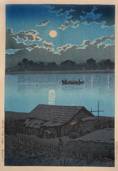 Moon over Ara River by Hasui, Woodblock Print