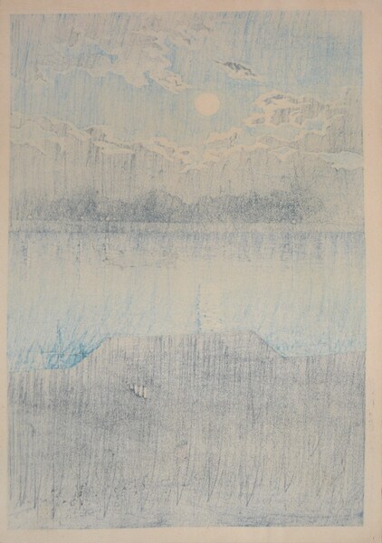Moon over Ara River by Hasui, Woodblock Print