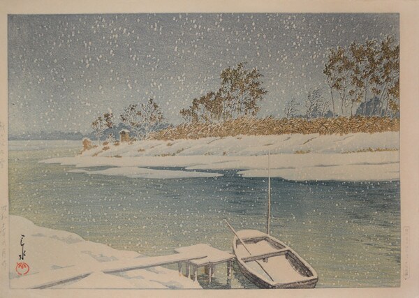 Snow at Koshigaya by Hasui, Woodblock Print