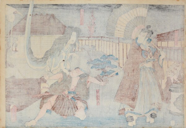 Ghost of Okiku and Asayama Tetsuzan by Toyokuni III, Woodblock Print