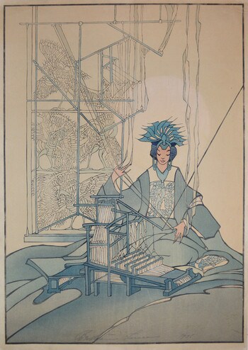 Spinning Goddess by Lum, Bertha, Woodblock Print