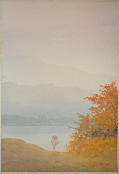 View of River and Mountains in Autumn, Watercolor