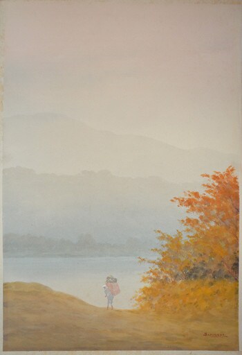 View of River and Mountains in Autumn, Watercolor